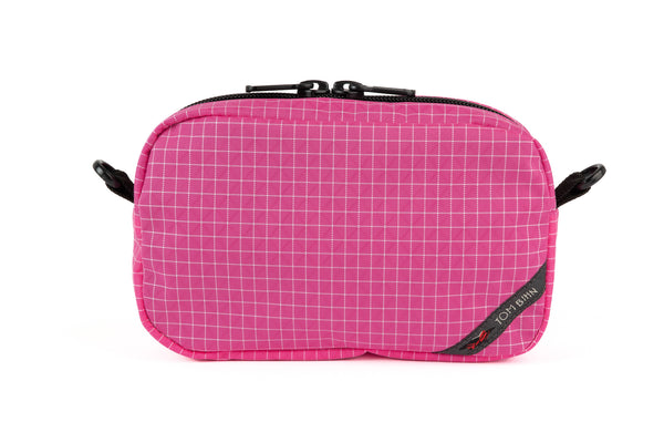 An all-fabric Cerise pink with white grid pattern 3D Organizer Cube.